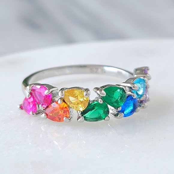 🌈 Rainbow Multicolor Cluster Ring, 925 Sterling Silver Size Charmed Aroma - Picture 2 of 5